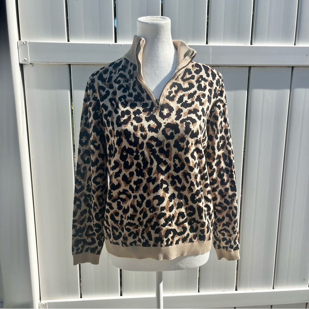 J. Crew Beige and Brown Cheetah Print Quarter Zip Small Sweater